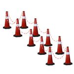 Kunplast Road Traffic Cone with Weighted Rubber Base, Pack of 10 cones 750mm with 10mtr chain + 10 hook (High Visibility Safety Cone with Reflective Strips Collar)