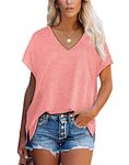 Aokosor T Shirts for Women V Neck Summer Tops Ladies Extended Shoulder Casual Tee Coral Size 18-20