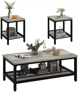 AWQM Coffee Table Set of 3, Industrial Coffee Table with 2 Square End Side Tables, Modern Living Room Table Set with Metal Frame for Apartment Home Office, Grey