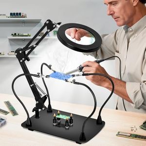 KUVRS 10X Magnifying Glass with Light and Stand, 2,200 Lumens 3 Color Stepless Dimming Lighted Magnifier Light, 4 PCB Pillars & Soldering Helping Hands Magnifying Lamp for Craft Electronic Project