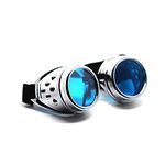 Ultra Silver with Blue Lenses Steampunk Goggles Mens Womens Cyber Glasses Victorian Punk Welding Cosplay Goggles Goth Rustic Rivet Round Eyewear Flying Goggles Fancy Dress Pilot Goggles