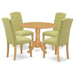 East West Furniture DLCE5-OAK-07 Wooden Dining Table Set 5 Pieces - Lime Green Linen Fabric Button-tufted Parsons Dining Chairs - Oak Finish Hardwood drop leaves Pedestal Kitchen Table and Frame