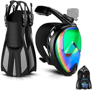 Odoland Snorkeling Packages, Diving Full Face Mask with Camera Mount, Adjustable Swim Fins, Mesh Bag, Anti-Fog Snorkel Set, UV 400 Protection, Dive Mask Fins Set for Men Women Adult,Black Green M