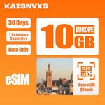 KAISNVXS eSIM for Europe Travel 30 Days 10 GB - 4G/5G High Speed Network eSIM Card in 7 Europe Countries (Germany,Netherlands,Italy,Portugal,Spain,United Kingdom,France), Data ONLY, No Voice/SMS