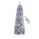 SHareconn 6ft Prelit Snow Flocked Artificial Hinged Pencil Christmas Tree, with Upgrade Remote Controlled Multi-Color RGB Lights, Full Branch Tips, Good Decoration for Xmas Holiday, 6FT, Flocked Green