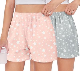 Arshiner Girls Pajamas Shorts Casual Summer Lounge Sleep Pj 2-Pack Plaid Shorts Beach Bottoms Pink & Grey Stars 7-8Years