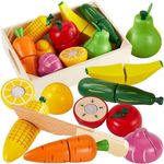 HERSITY Wooden Play Food Toys for Kids Kitchen Pretend Play Set Cutting Fruit and Veg Toys Toddlers Early Learning Gifts for 18 Months 2 3 4 Year Old Boy Girls Childrens