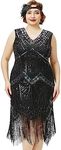 BABEYOND Women's Plus Size Flapper Dresses 1920s V Neck Beaded Fringed Great Gatsby Dress, Glam Black, 3X-Large