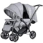 GYMAX Double Seat Stroller with Adjustable Push Handle, Detachable Canopy and Foot Rest, Foldable Baby Pushchair Buggy for Traveling, Going Shopping & Hanging Out (Grey)