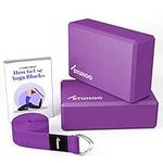 STUHOO Yoga Block Set of 2 and Yoga Strap Includes Descriptive E-book - Sturdy Yoga Brick & Lightweight Eva Foam Block Support Deepen Poses, Provides Strength & Stability for Pilates Practice