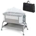 GYMAX Baby Beside Crib, 4-in-1 Infant Bassinet with Detachable Net, Soft Mattress, Storage Basket and Wheels, Height Adjustable Toddler Co-Sleeping Bed (Grey)