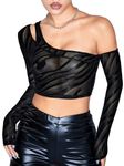 SHENHE Women's Zebra Print Mesh Long Sleeve See Through Asymmetrical Sexy Crop Top Clubwear, Black, Medium