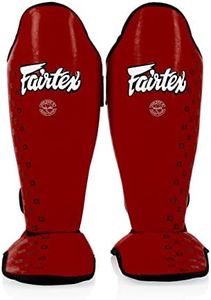 Fairtex Competition Muay Thai Shin Guards, SP5 - Black, Blue, Yellow, Red (Red, X-Large)
