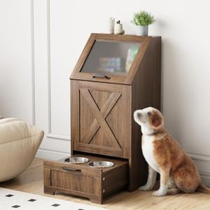 Dog Feeding Station,Dog Food Storage Cabinet,Pet Feeding Station with 2 Elevated Bowls,Hidden Pet Feeder Station with Hooks,Flip Top Pet Storage Organizer for Water,Feeding (Walnut)