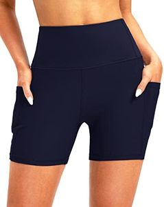 Soothfeel Women's High Waisted Swim Board Shorts 5 Inch UPF 50+ Tummy Control Bathing Suit Bottoms for Women with Pockets Navy