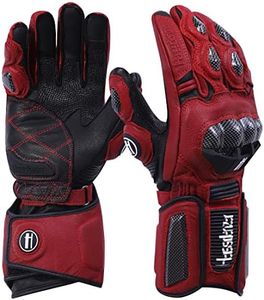 Harssidanzar Leather Motorcycle Gloves Men and Women,Powersports Carbon Fiber Knuckle Protection Motorbike Gloves KM045UK,Oxblood/Black,Size XL