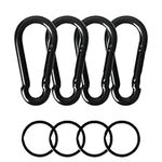 4 Pack Black Carabiner Clips with 4 Key Rings, Spring Carabiner Hook, Metal Locking Carabiner, Rope Link Hooks for Traveling Outdoor Cycling Camping Fishing Hiking Swing Hammock Dog Leash Backpack