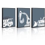 Construction Truck Wall Art Decor Toddler Boys Room Canvas Posters Tractor Vehicle Wall Art Nursery Pictures Prints Dump Truck Wall Art Kids Playroom Artwork for Bedroom 12x16 Inch Framed Set of 3