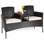 DORTALA Outdoor Patio Loveseat, Wicker Conversation Set with Cushions and Built-in Coffee Table, 2 Person Rattan Seating for Garden Lawn Backyard, Dark Brown+White