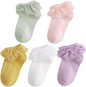 Durio Soft Toddler Girl Socks - Cute Lace & Ruffle Designs, 2t-3t, Multi-Color Pack (White, Purple, Pink, Green, Yellow) 12-3T