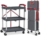 Towallmark Portable Folding Service Cart, 3 Tier Folding Utility Cart, Collapsible Utility Carts for Office, Warehouse, and Home, 56 Lbs Load Capacity per Shelf (Grey & Red)