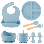 8 Pack Silicone Baby Feeding Set, BPA Free Baby Led Weaning Supplies includes Baby Divided Suction Plate, Suction Bowls, Adjustable Bibs, Cup with Straw, 2 Spoons, 2 Forks Toddler Eating Set (Blue)