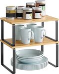 Rellon Industries Cabinet Organizer Shelf, Set of 2 Kitchen Counter Shelves, Kitchen Storage, Spice Rack, Stackable, Expandable, Metal and Engineered Wood, Black and Natural (Wooden)