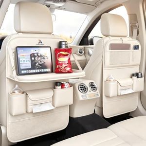 FASTAGEI 2 Pack Universal Foldable Car Backseat Organizer with Table Tray, Car Seat Back Protector with Touch Screen Phone Holder, Premium Leather Kick Mats with Storage Pockets Tissue Holder (Beige)