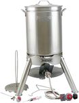 Bayou Classic 200-440 44-qt Stainless Turkey Fryer Kit Features 44-qt Stockpot w/Lid Poultry Rack & Lift Hook 14-in Tall Stainless Cooker Frame w/ 4-in Cast Aluminum Burner