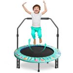 36'' Kids Trampoline Mini Trampoline with Handle Foldable Fitness Exercise Rebounder Adjustable Handrail Safety and Sturdy for Toddler Indoor Outdoor