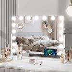 YOURLITE Hollywood Vanity Mirror with Lights, 70×50cm Large Lighted Makeup Mirror with 17 Dimmable LED Bulbs, Touch Control, Phone Stand, USB Output Port, Cosmetic Tabletop Mirror, 360°Rotation