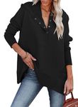 BETTE BOUTIK Womens Oversized Button Henley Sweatshirt Long Sleeves Pullover with Pockets Winter Black Large