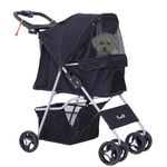 PawHut Dog Stroller, Foldable Pet Stroller for XS and Small Dogs and Cats, 4 Wheels Travel Carrier with Cup Holder, Storage Basket, 360° Wwiveling Front Wheels, Black