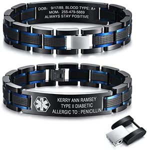 MEALGUET Free Custom Engraving Medical ID Bracelet 2-Tone Blue Black Titanium Steel Masculine Elaborate Men's Medical Alert Bracelet Wristband Jewelry for Dad Husband Customizable & Waterproof