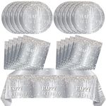 Silver Happy Birthday Party Decorations Glitter Diamonds Silver Theme Table Covers Plates Napkins Tableware Set for Girls Women Wedding Birthday Parties Supplies