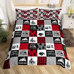 Erosebridal Happy Camping Duvet Cover, Boys Rustic Camper Comforter Cover King Size, Country Tent Bonfire Bedding Set for Kids Teens Adult, Geometric Checkered Farmhouse Quilt Cover with Zipper