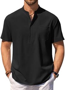 COOFANDY Men's Short Sleeve Henley Cotton Linen Henley Shirt Casual Shirts Hippie Shirts Button Up Shirts Tshirts Shirts Black