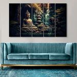 The Castle Decor Budha with waterfall Set of 5 Big Size (36x60) Multiple Frames Wall Art Painting for living room,Bedroom,Drawing room,Hotels-Wooden Framed-Digital Painting