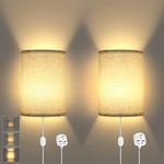 Lightess Wall Lights Dimmable, Plug in Wall Lamp with Switch Modern Wall Sconce with Beige Fabric Shade E27 Wall Wash Light Ideal for Bedroom Living Room Hotel Hallway Bedside Reading (Set of 2)