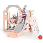 Kids Slide,6 in 1 Toddler Slide for Toddlers, Extra-Long Slide with Basketball Hoop Indoor and Outdoor Baby Climber Playset Playground Freestanding Slide (rice-pink)