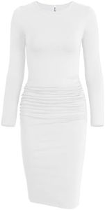 Missufe Ruched Knee Length Bodycon Dress Women's Long Sleeve Casual Sheath Sundress (White, X-Large)