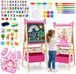 Art Easel for Kids - Adjustable Wooden Double-Sided Magnetic Whiteboard and Chalkboard with Paper Roll, 100+ Drawing Accessories - Foldable Painting Birthday Gifts for Boys Girls Ages 3-12, Pink