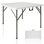 BQKOZFIN 36'' Square Plastic Folding Table, Indoor Outdoor Dining Table, Portable Fold Up Table with Handle for Dining Parties Card Picnic Camping, White