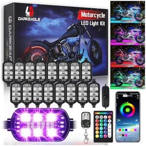 LD DARKEAGLE 16PCS Motorcycle RGB LED Accent Lights with APP&RF Remote, Waterproof Frame & Engine Underglow Pods with Brake Turn Signal, 12V for Harley, Cruiser, Street, Touring, Sport Bike, Dirt Bike