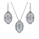 BERRICLE Rhodium Plated Sterling Silver Cubic Zirconia CZ Art Deco Milgrain Bridal Bridesmaid Necklace and Earrings Set