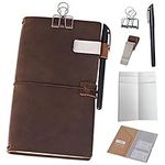 newestor Refillable Leather Journal Travelers Notebook - 8.5 x 4.5 Travel Diary with 5 Inserts + Pen Holder and Binder Clip, Standard Size, Brown