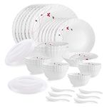 Cello Opalware Dazzle Series Lush Fiesta Dinner Set, 35 Units | Opal Glass Dinner Set for 6 | Light-Weight, Daily Use Crockery Set for Dining | White Plate and Multipurpose Bowl Set