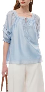 GOELIA Women's Summer Tencel Blouse Embroidered Square Neck Trim Ruched Puff Sleeves Loose Fit Casual Work Tunics Tops (US, Alpha, XX-Small, Regular, Regular, Light Blue)