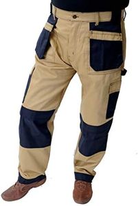 GRS Pantalones de trabajo con múltiples bolsillos para hombre, con rodilleras (varios tamaños y colores: 71 - 127 cm), Beige y caqui, 50W Largo