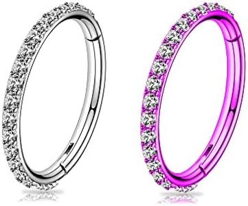 BLISI 2PCS G23 Titanium Nose Rings Hoop 18G 10mm Clear CZ Lined Conch Helix Cartilage Earring Hoop Silver and Pink Lip Hinged Segment Ring